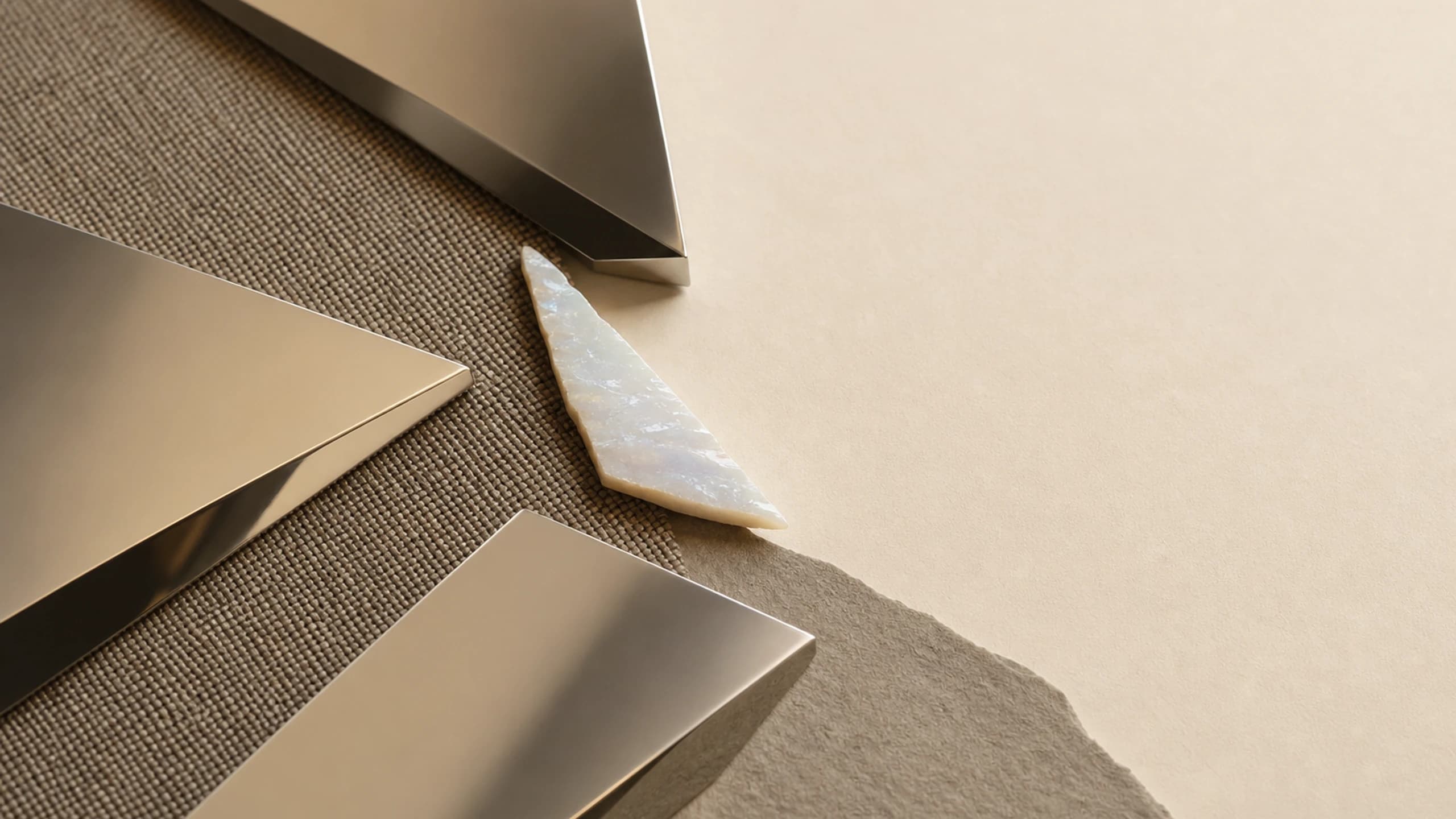 Three irregular low mirror facets framing a narrow milky opal sliver across warm woven fibre