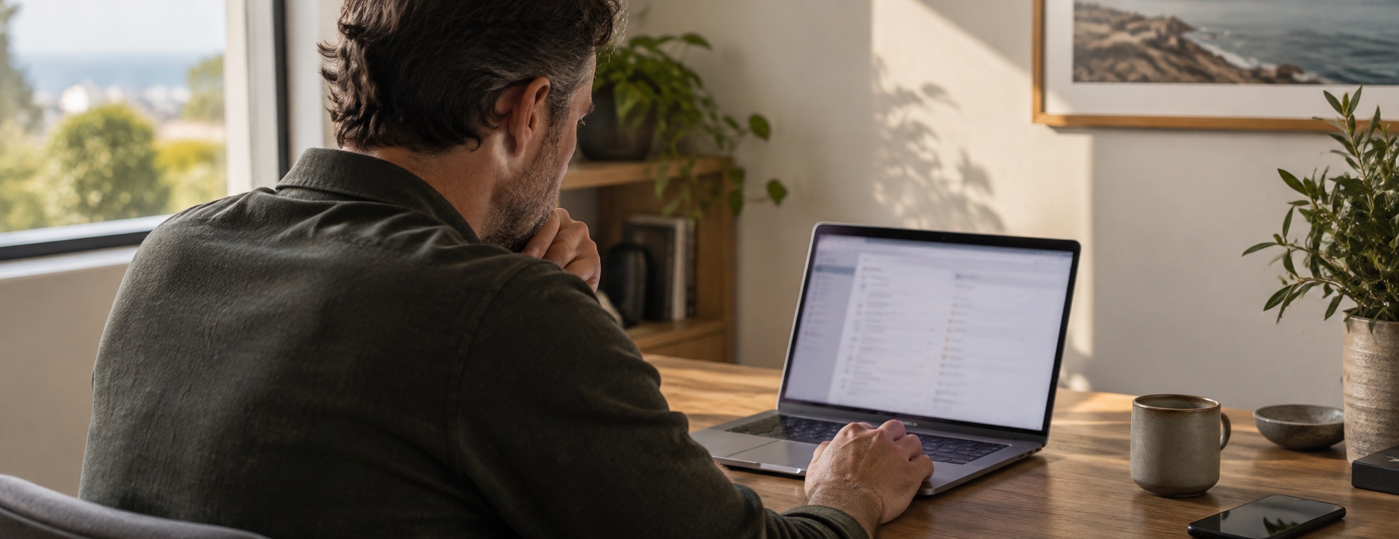 A business reviewer concentrating on records at a laptop in an illustrative workspace.