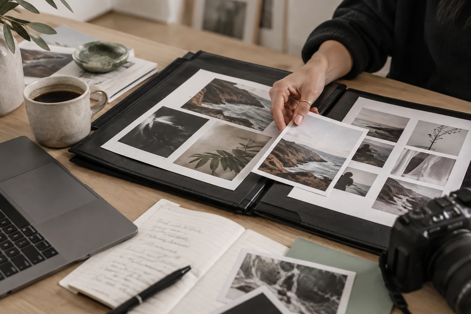 Illustrative client brief and photographic contact sheets on a studio desk.