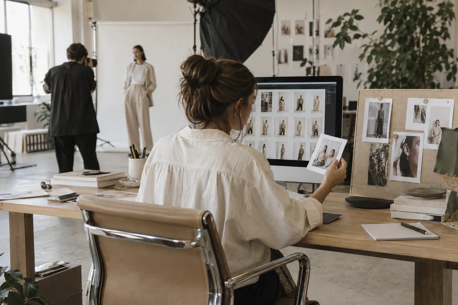 Illustrative strategist reviewing photographic options in a working studio.