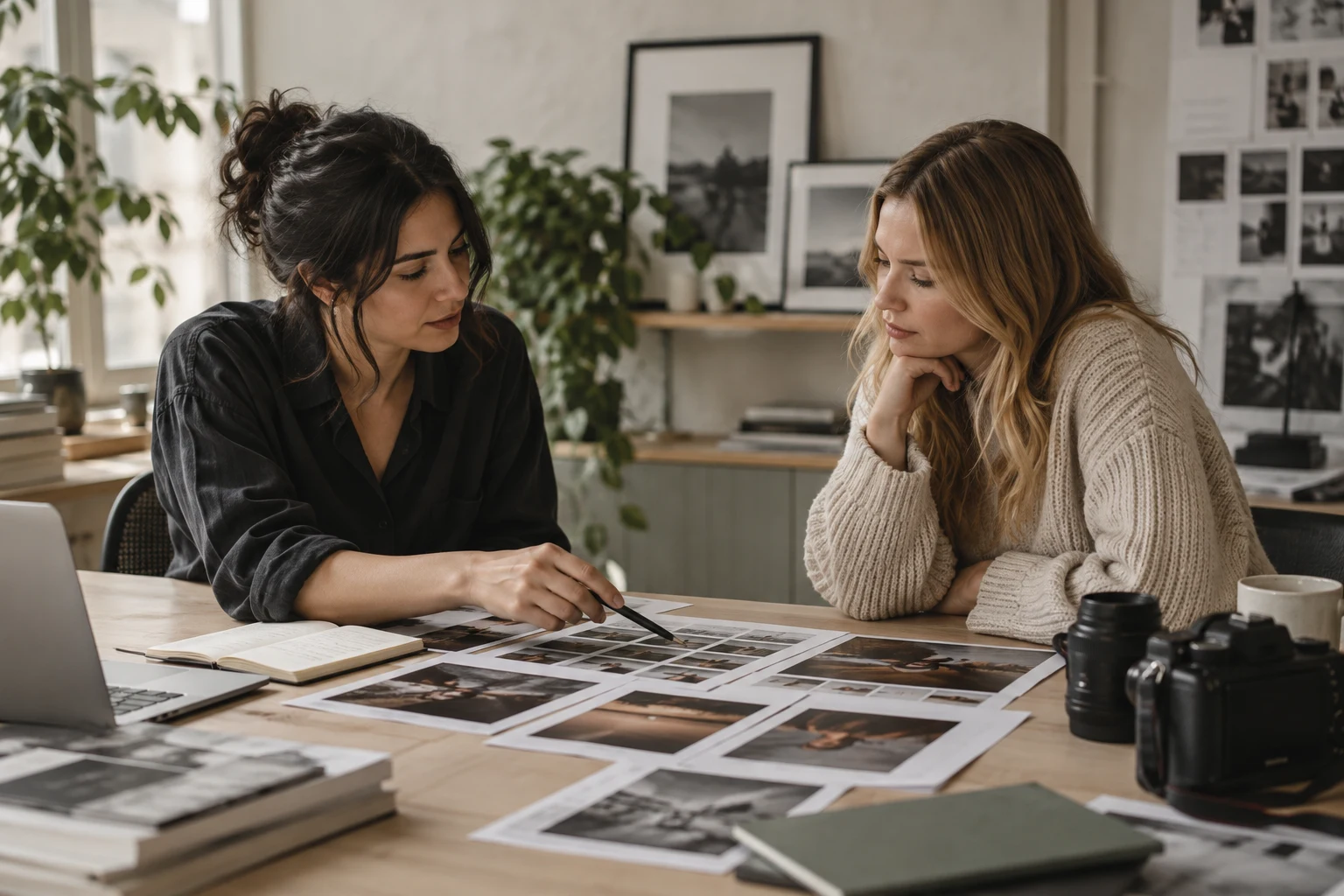 Illustrative creative colleagues reviewing contact sheets together.