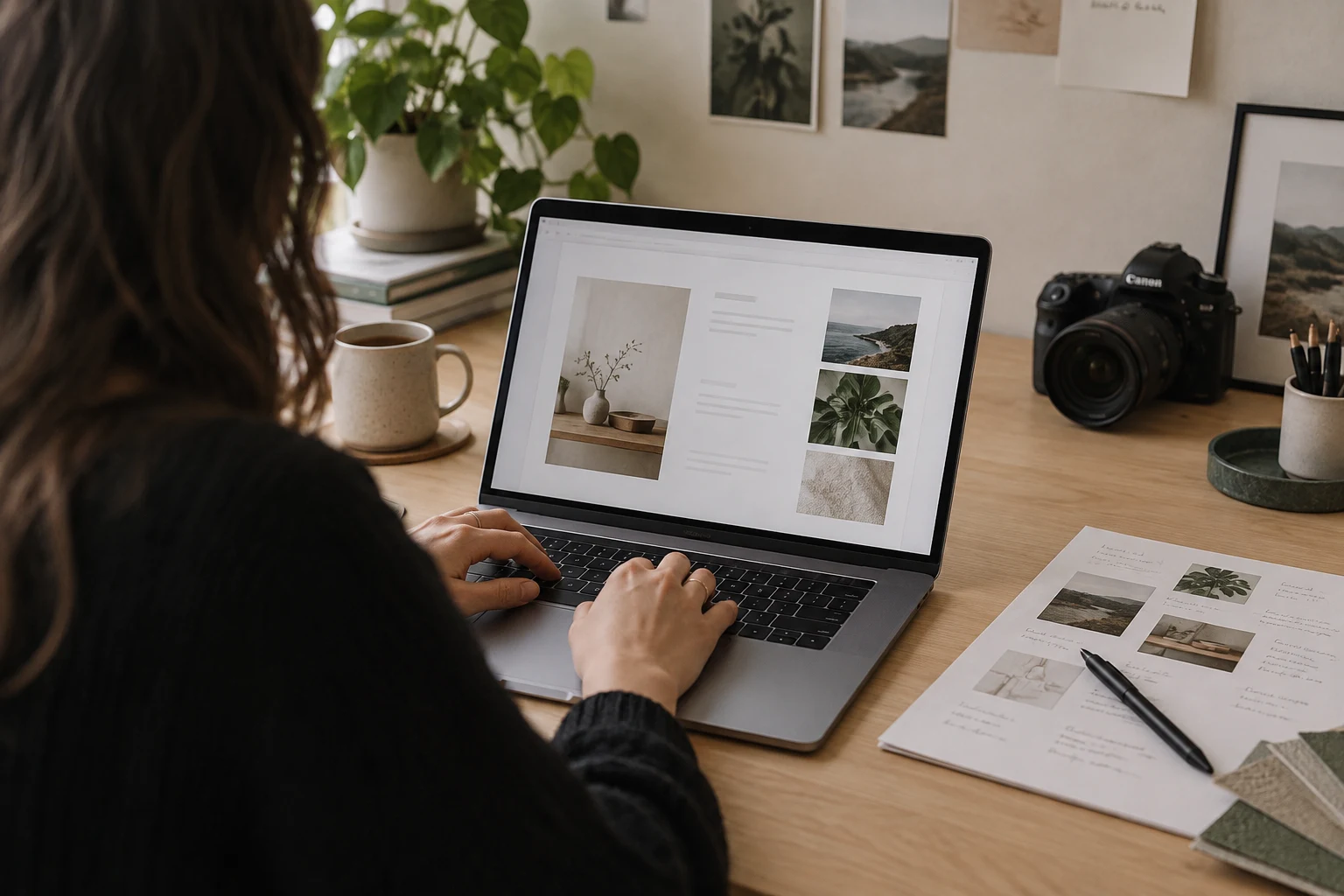 Illustrative drafting work at a laptop with a client brief.