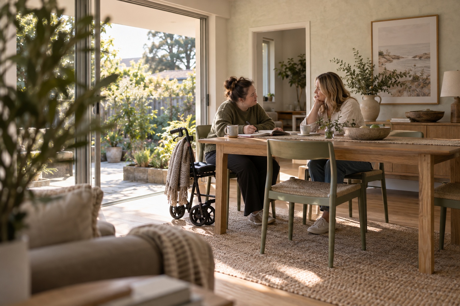 Illustrative conversation in a home setting; these are not Place of Hope Care staff or participants