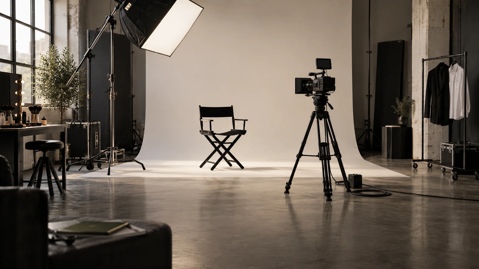 Conceptual creative studio artwork with camera and lighting equipment