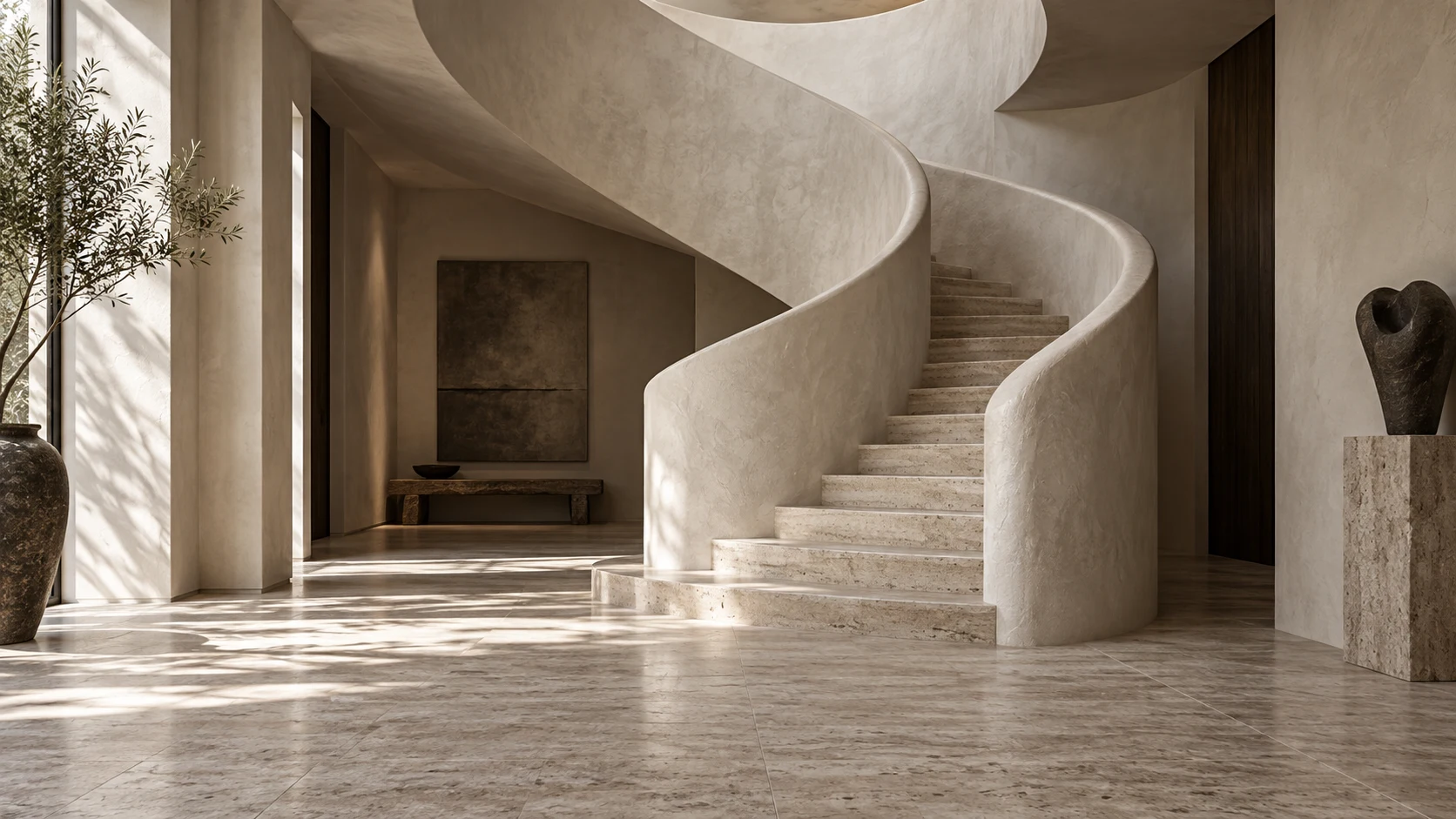 Conceptual architectural artwork of a sculptural plaster staircase