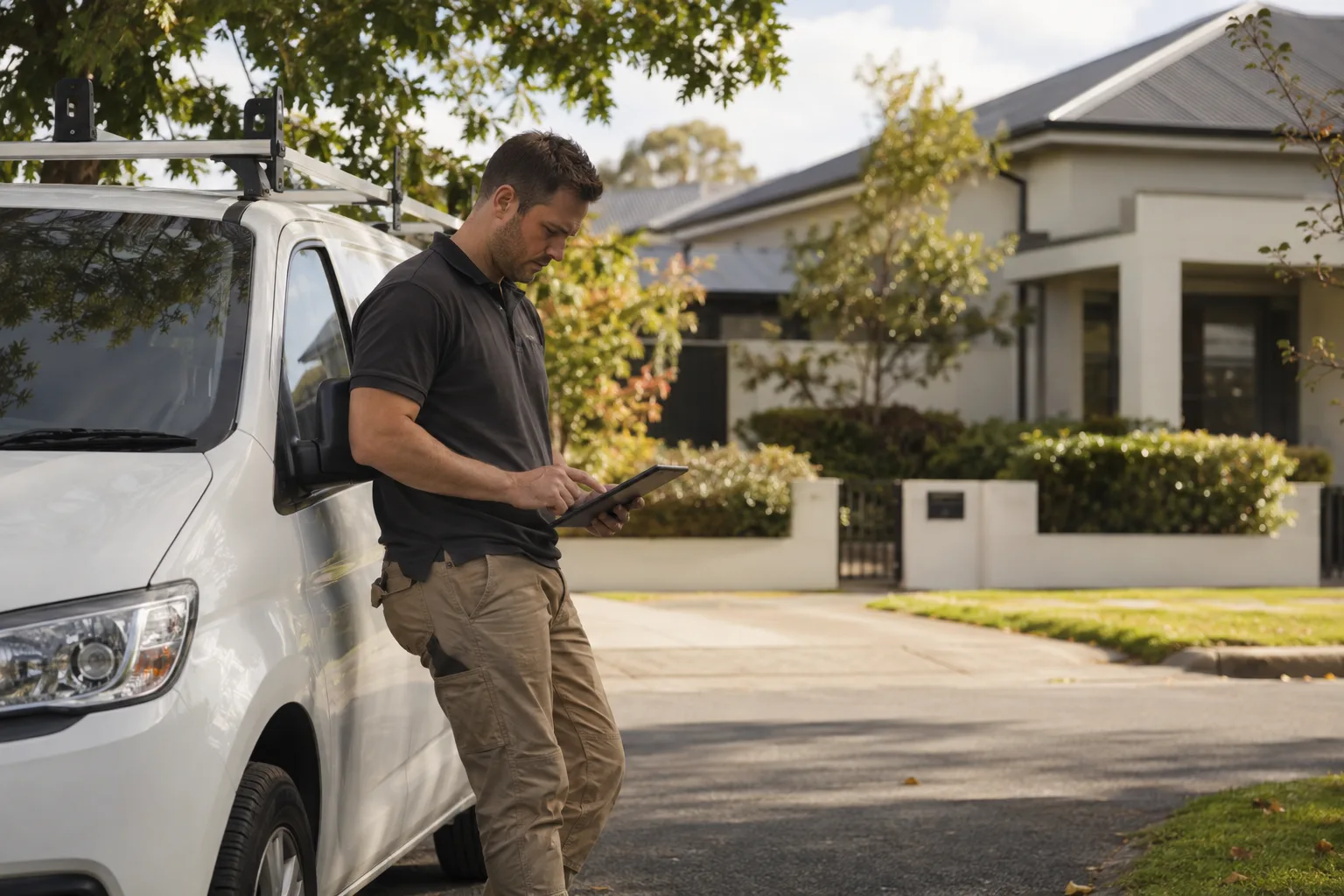 A contractor checking a tablet beside a service van.