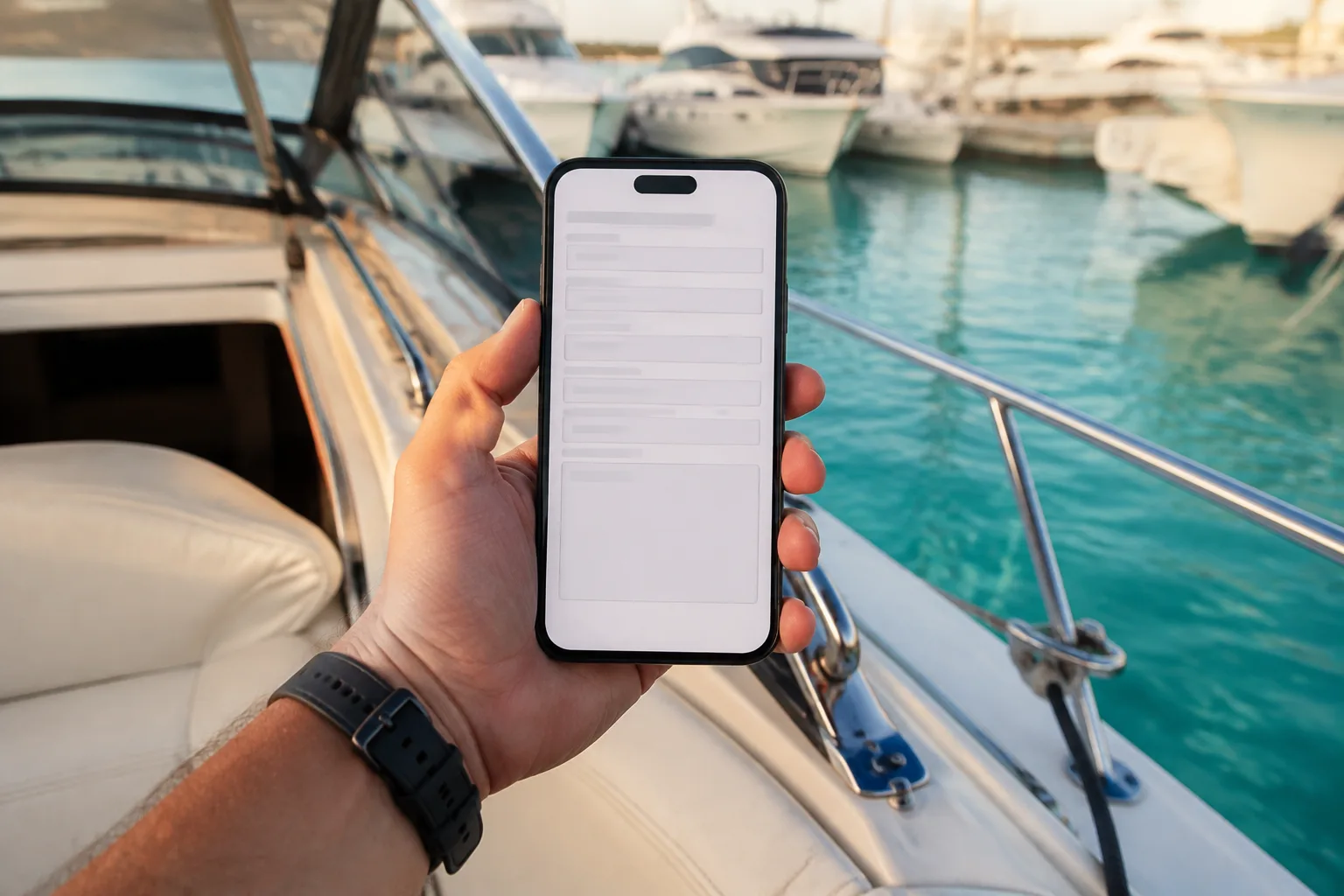 A hand holding a phone beside a boat in a marina. AI-generated illustration.