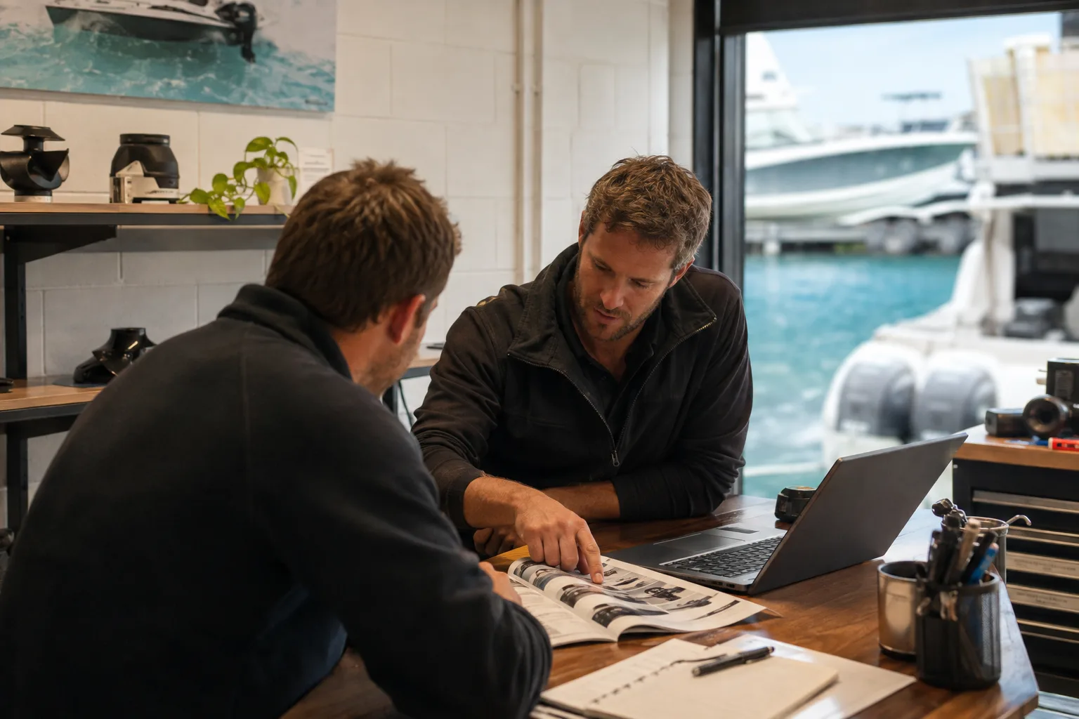 Two illustrative marine sales colleagues discussing a product enquiry. AI-generated illustration.