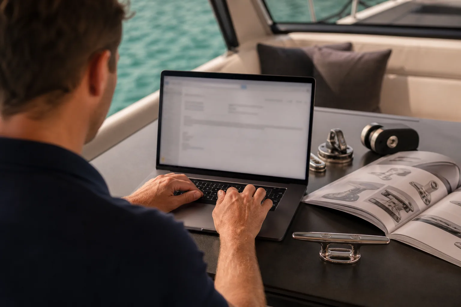 Hands preparing an email at a laptop beside a product catalogue. AI-generated illustration.