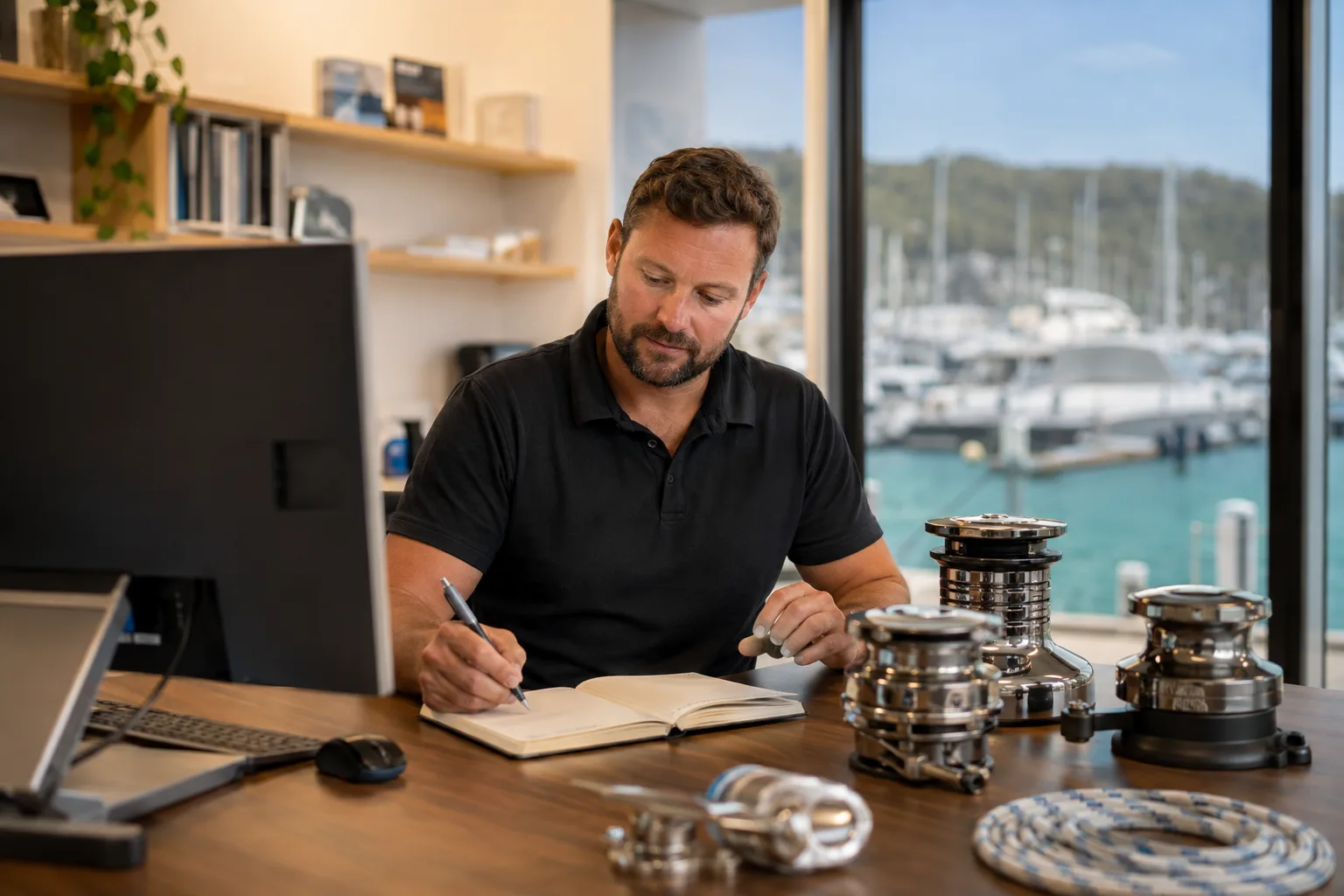 Illustrative sales workstation with a CRM screen and marine equipment. AI-generated illustration.
