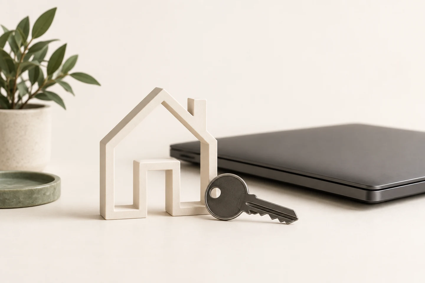 Illustrative house model and key beside a closed laptop.