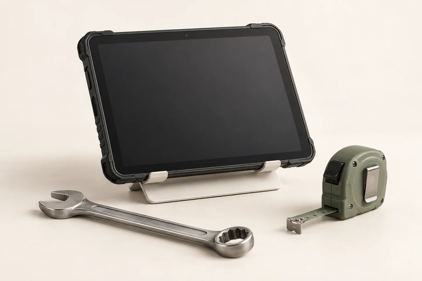 Illustrative rugged tablet, spanner and tape measure for field work.