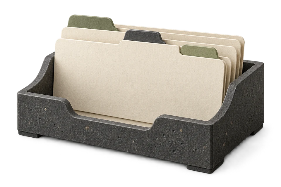 Document tray with dividers holding neatly sorted papers without labels