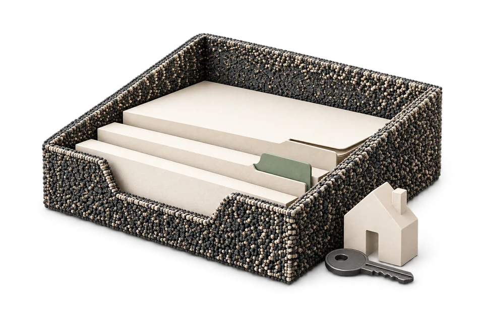 Document in-tray beside a small model house and a key