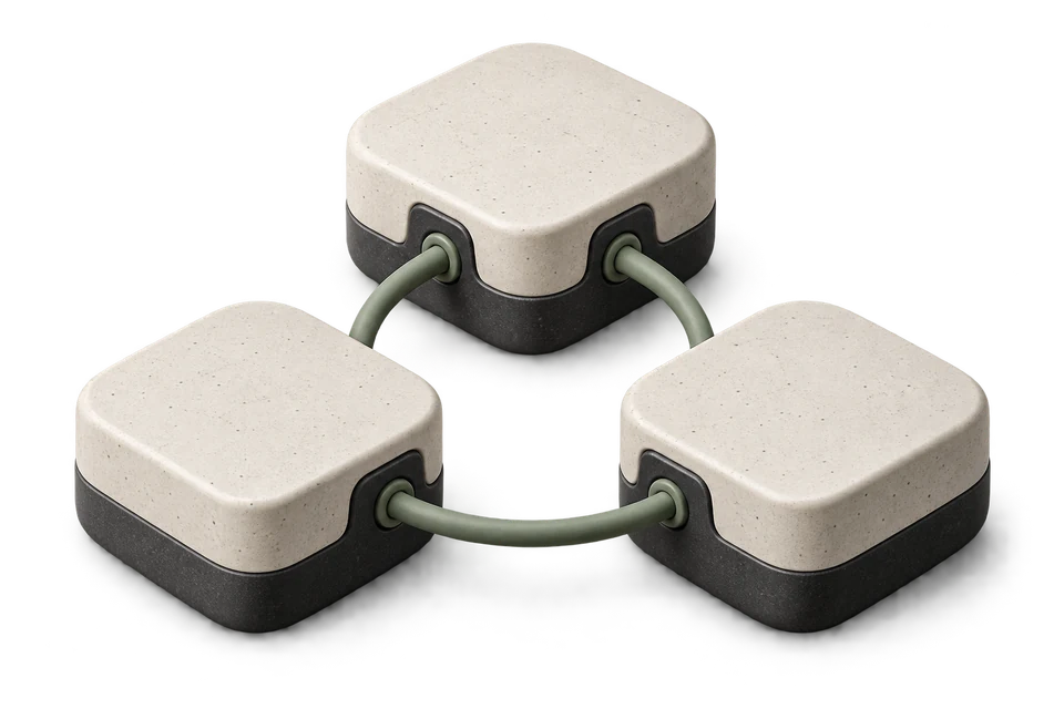 Three identical unlabelled modules linked together in a triangle