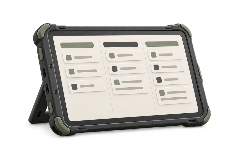 Rugged tablet showing an abstract job board with no text