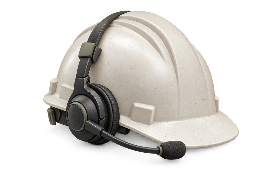 Hard hat fitted with a compact telephone headset and microphone