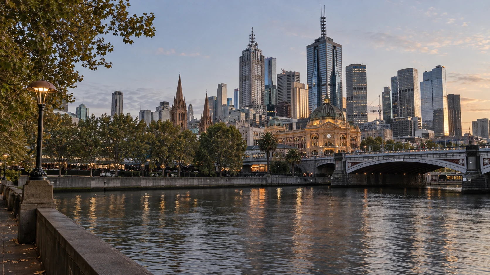 Generated photographic view of Melbourne’s skyline and the Yarra River at dusk.