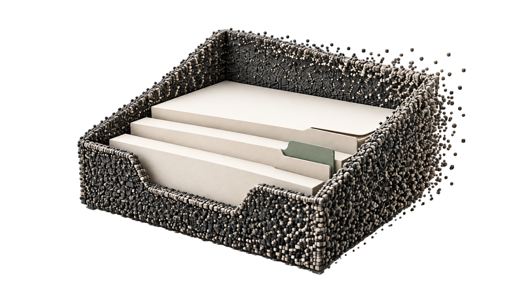 Charcoal particle file tray with cream folders and a sage tab.